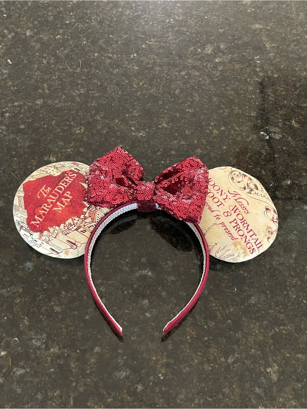 Disney Harry Potter Ears with Red Sequin Bow and Vintage Beige Map Ears